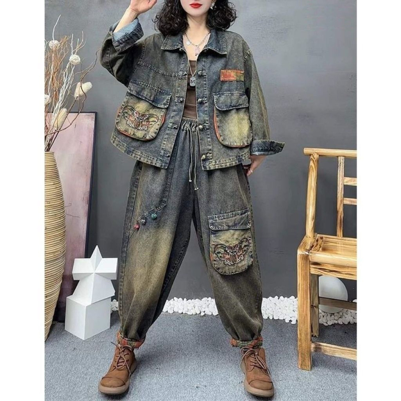 Denim Jacket Vintage - Conjunto Feminino Retrô de Moda Bordado
